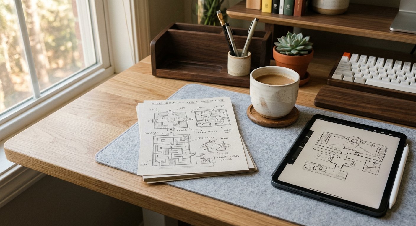 A tidy game designer's desk with puzzle sketches