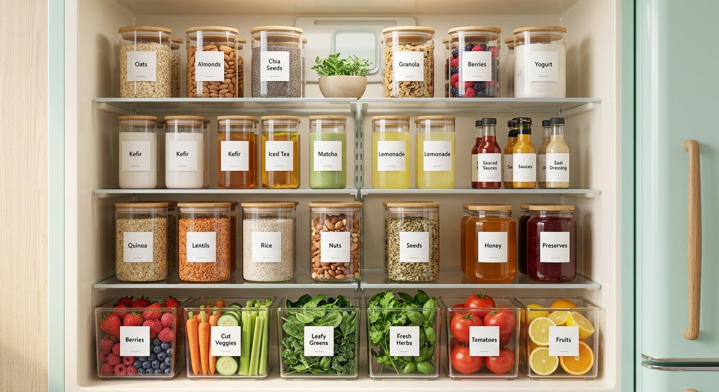 A perfectly organized pastel refrigerator with neat rows of jars